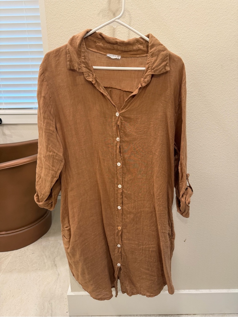 Relaxed Fit linen women’s shirt dress - Rust Brown